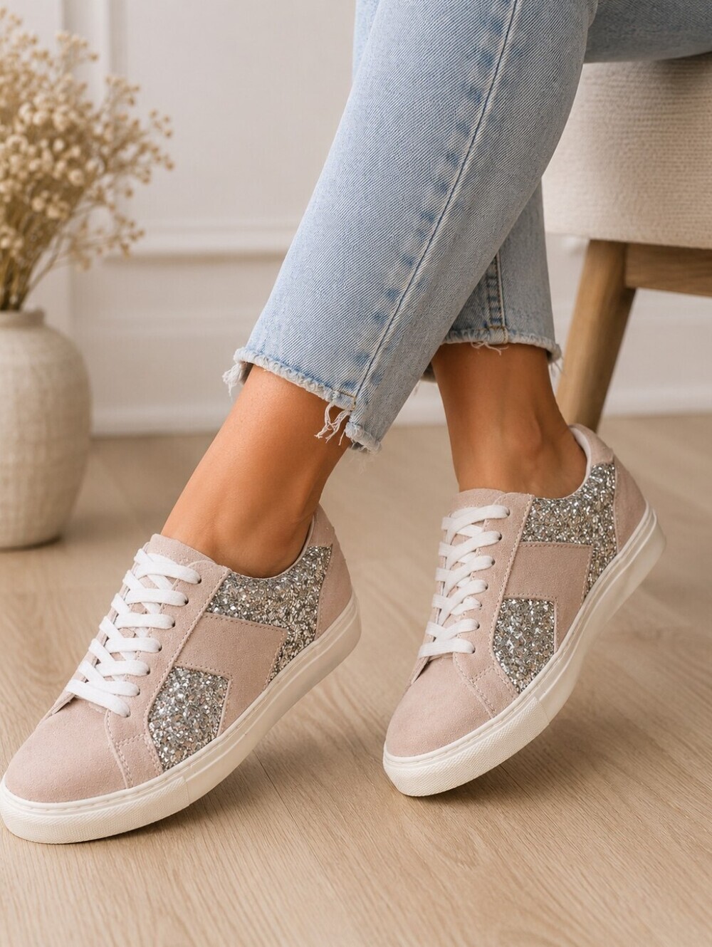 STEVEN by Steven Madden Parody Leather Glitter Cream Sneakers Size 7